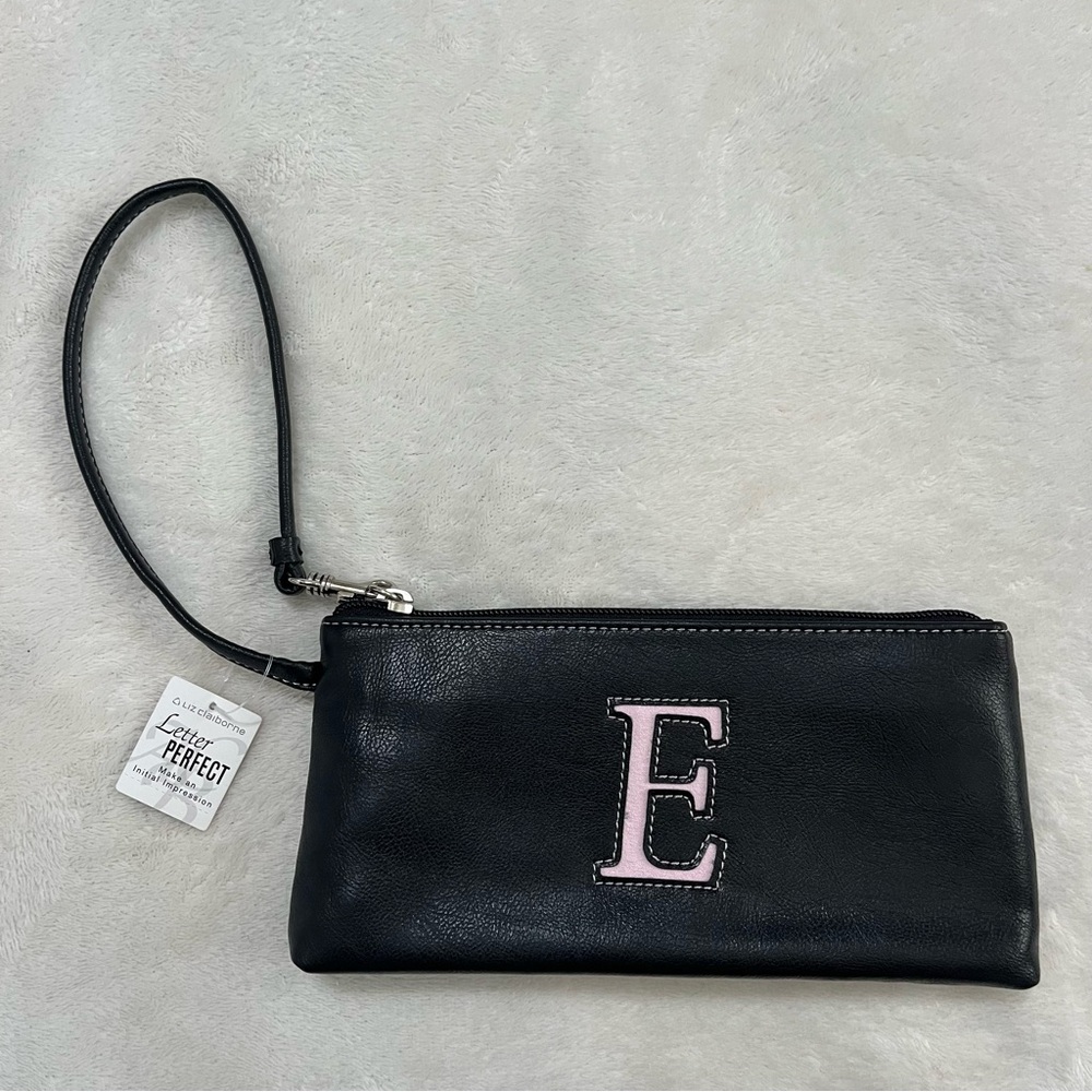 NWT Liz Claiborne Black Faux Leather Wristlet with Pink Initial “E”